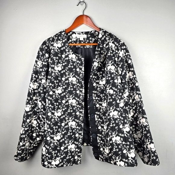COLDWATER CREEK Floral Structured Jacket Blazer Crew Neck Black White Womens 24 - Picture 1 of 15